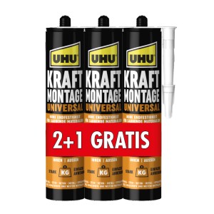 UHU Kraft Montage Universal Kleber, 3 Tuben (2+1 Gratis) für Innen- und Außenbereich.