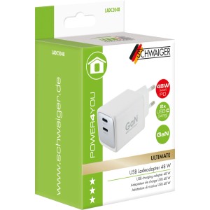 Weißer Schwaiger USB-C Ladeadapter 48W mit zwei Ports und GaN-Technologie, neben grüner Verpackung.