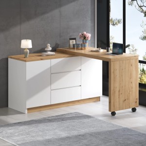 Moderner weißer Eckschreibtisch mit Naturholz-Tischplatte, drehbarer Arbeitsfläche auf Rollen, Schranktüren und Schubladen. Ideal als Wohnzimmertisch.