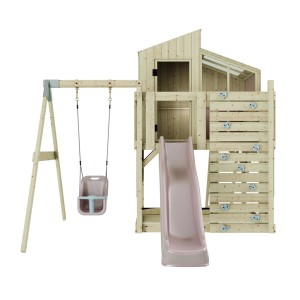 PolarPlay Babyschaukel Lotta altrosa mit Spielturm, Rutsche und Kletterwand.