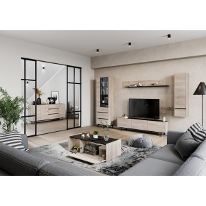 Germania Wandboard Eiche Schwarz, 180cm, im Wohnraum mit Möbeln der Serie.