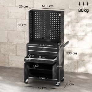 HOMCOM Werkzeugschrank schwarz, mobil, mit Lochplatten, Schubladen und Schrankfach. Maße 69x33x133 cm.