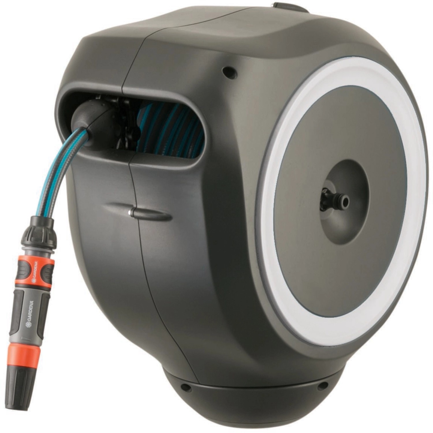 Gardena Wand-Schlauchbox RollUp S mit 15m Gartenschlauch, grau. Schlauchwagen zur Gartenbewässerung.