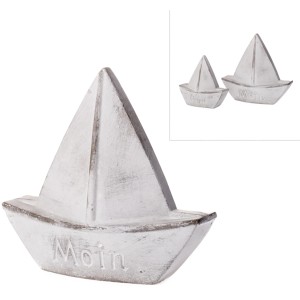 Maritime Deko-Figur Segelschiff „Moin“ in Grau-Weiß, 18 cm, für Garten & Innenbereich.