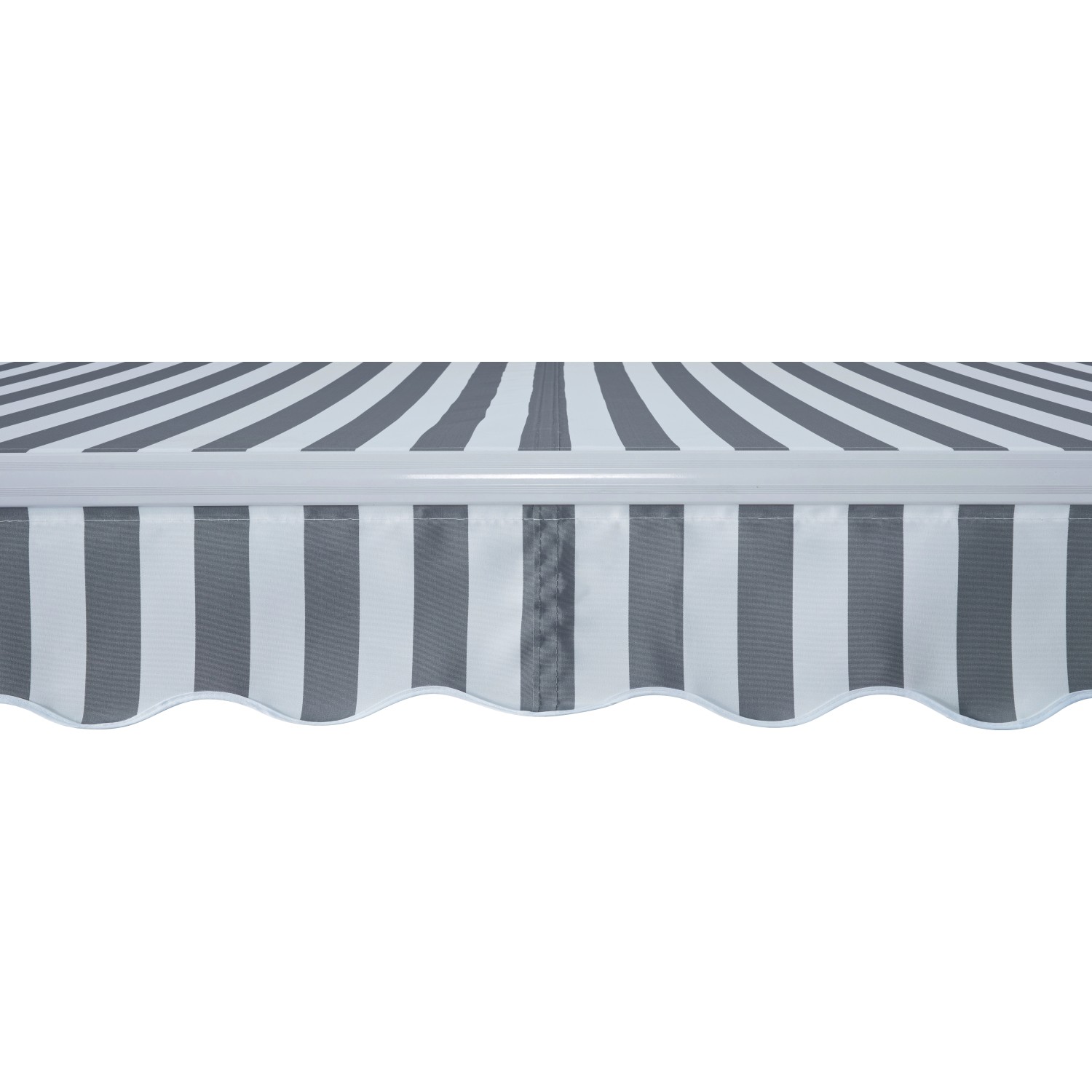 Detailaufnahme der grau-weiß gestreiften Gelenkarmmarkise Aventura 3x2m. Sonnenschutz für Balkon und Terrasse.