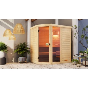 Weka Elementsauna Laukkala 2 Sparset mit Ofen und Leuchtenset, Fichte natur mit Glastür.