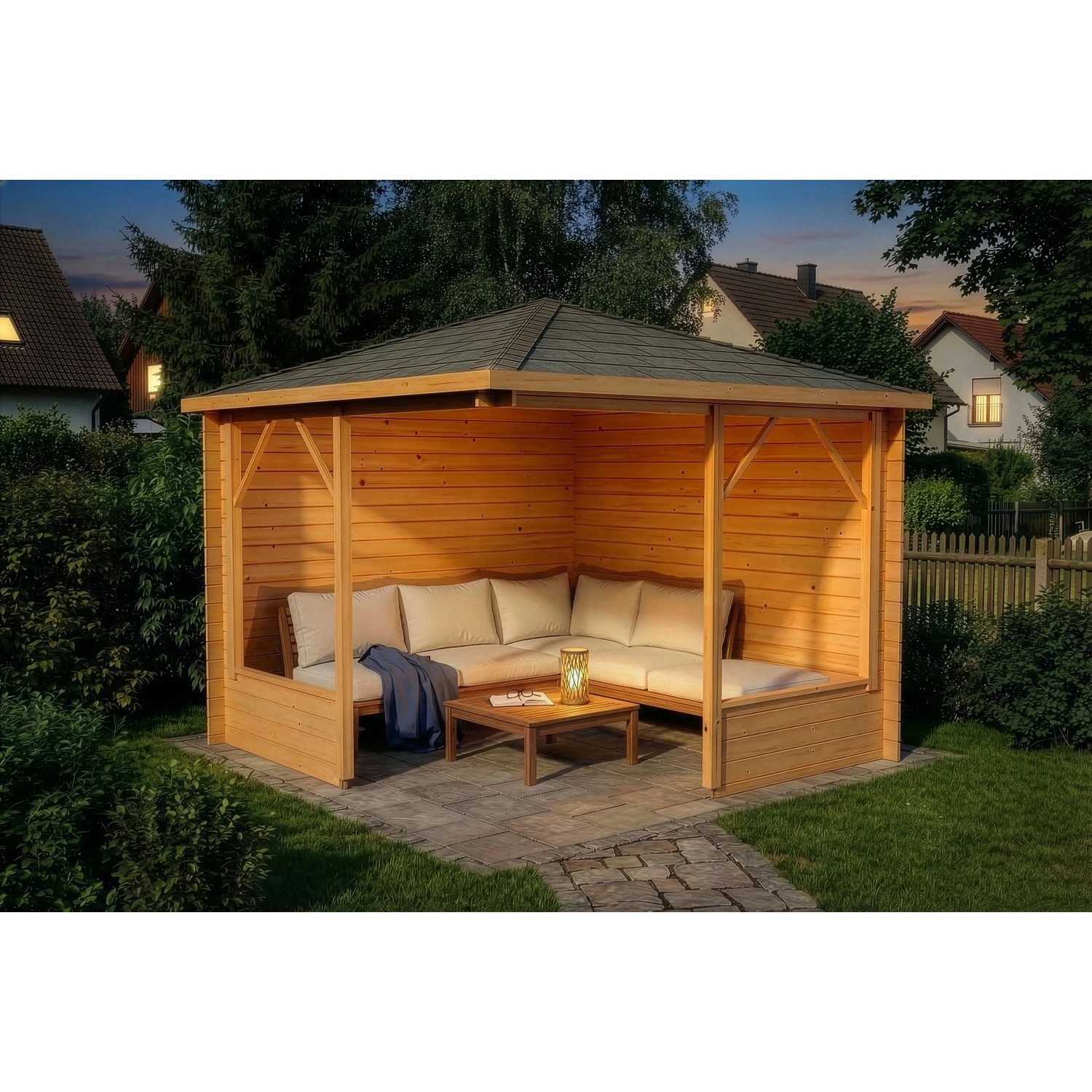 Imprägnierte 5-Eck Gartenlaube Maik-28 Natur, 325x325 cm, mit Sitzgruppe und Tisch.