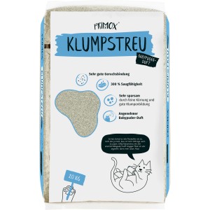 Sack Primox Klumpstreu 20kg mit Babypuderduft. Katzenstreu mit Hinweisen zu Saugfähigkeit und Geruchsbindung.