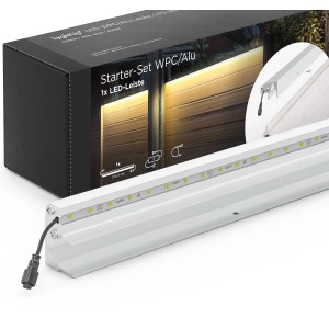 LyghtUp LED-Zaunbeleuchtung Set mit LED-Leiste (173,3 cm) und Netzteil in Silber.