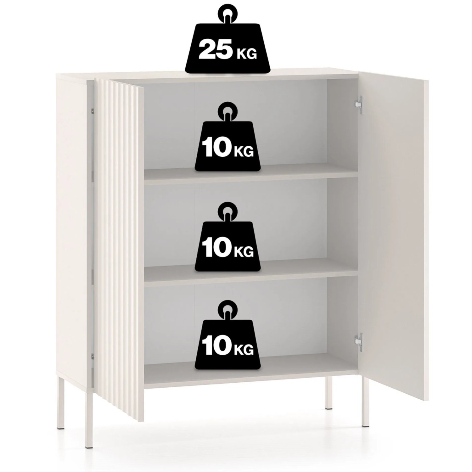 Selsey Highboard Derriva, Kaschmir, zweitürig, offene gerillte Fronten. Zeigt 3 Fächer, Belastbarkeit 25kg oben, 10kg pro Boden.
