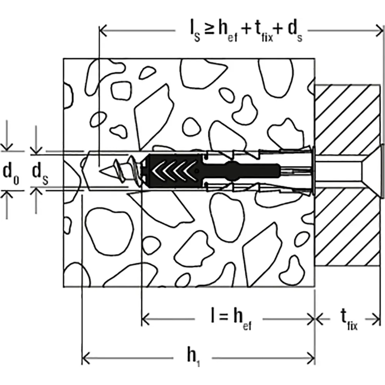 Schemazeichnung Fischer Dübel DuoPower 6x50 mit Schraube im Mauerwerk.