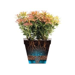 Elho Blumentopf Loft Urban, Ø 35 cm, grün, mit Pflanze und Schnittdarstellung des Wasserreservoirs.
