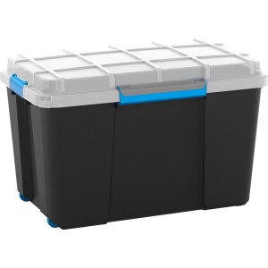 Schwarze Mehrzweckbox Scuba XL (110 l) mit Rollen und grauem Deckel.