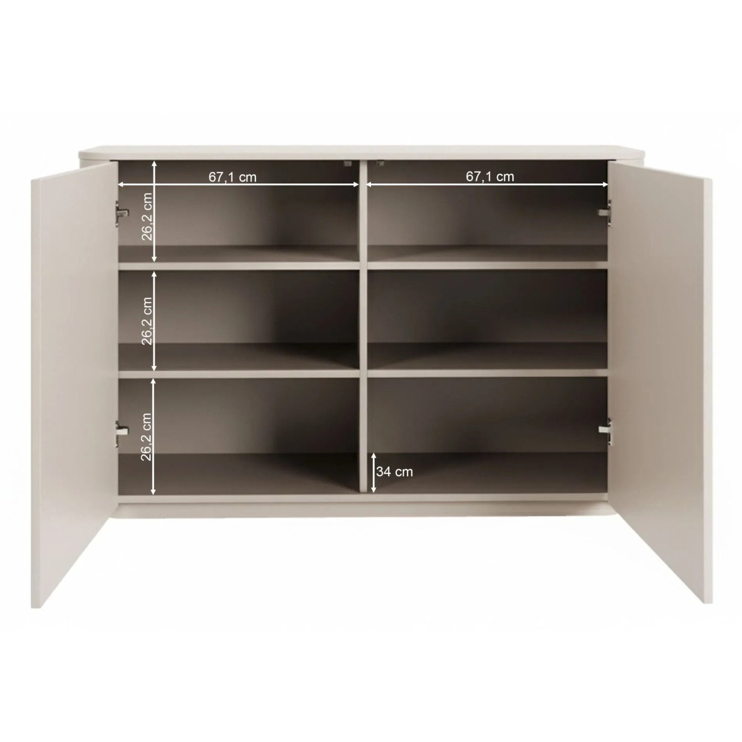 Selsey Luvio Sideboard, Kaschmir, zweitürig geöffnet, zeigt 6 Fächer mit Maßen: 67,1 cm Breite, 26,2 cm Höhe, 34 cm Tiefe.