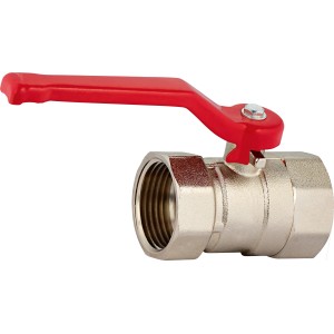 Kugelhahn Ø 30,3 mm (Rp 1) IG aus Messing mit rotem Hebel zur Durchflussregulierung.