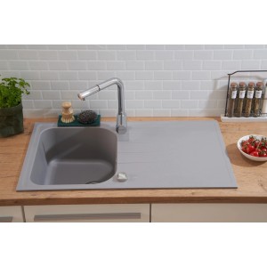 Respekta Massivgranit Einbauspüle Orlando, 86x50 cm, Betongrau mit Abtropffläche und Armatur.