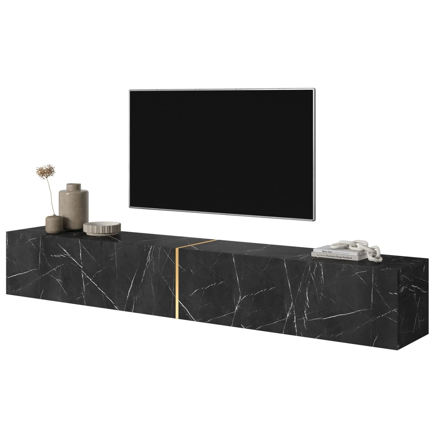 Modernes Selsey TV-Hängeboard Bisira, 200 cm, in schwarzer Marmoroptik mit goldenem Einsatz. Hängender TV-Schrank für Wohnzimmer.