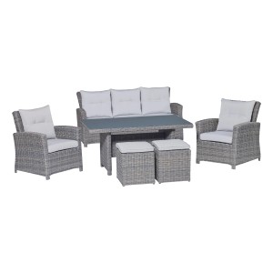 6-teiliges Lounge-Set Vermont aus Polyrattan in Grau mit Tisch, Sofa, Sesseln und Hockern.