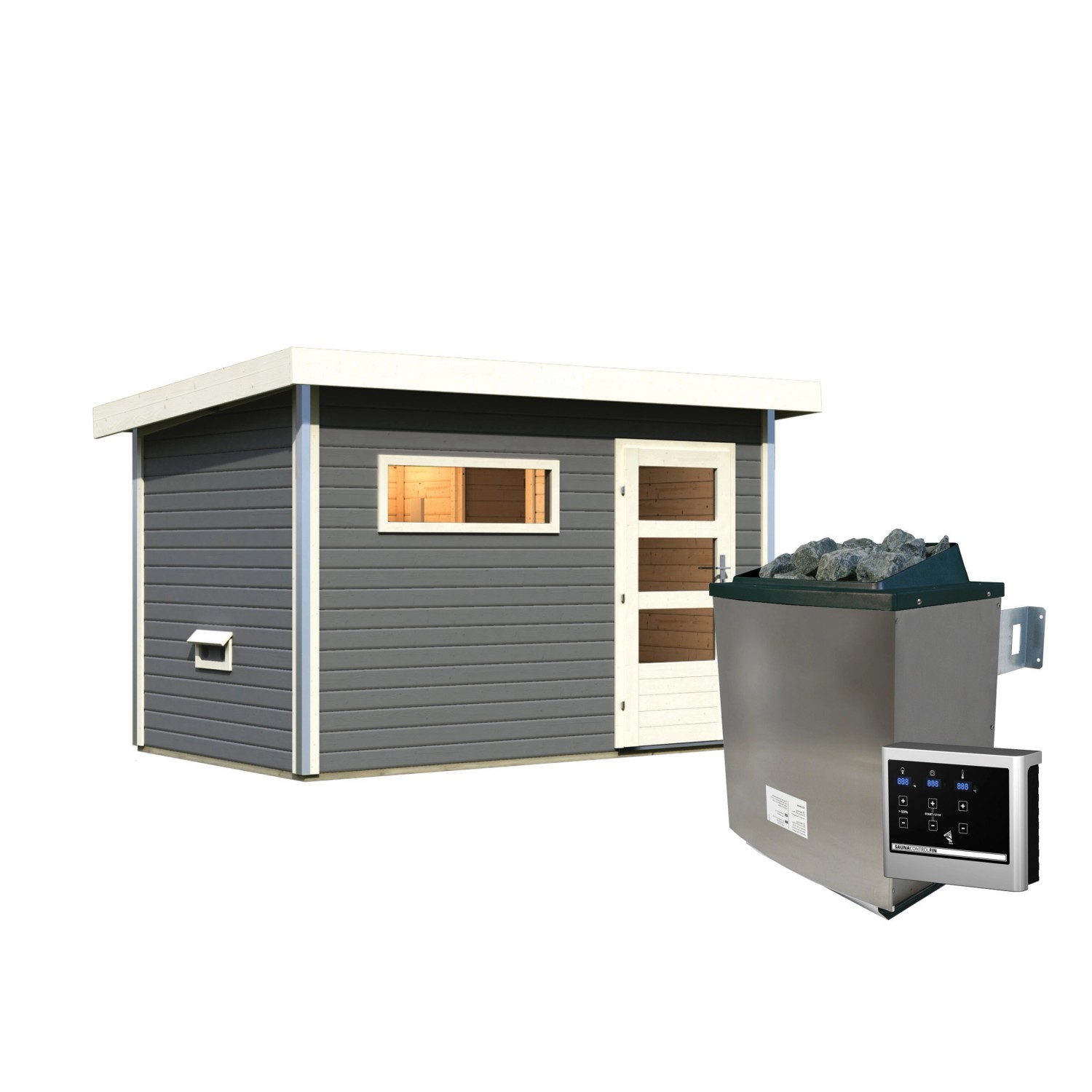 Karibu Saunahaus Hendrik 1 mit Fenster, Ofen (9kW) und Steuerung. Graues Holzhaus mit Ofen und externer Steuerung.