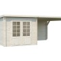 Palmako Ella Holz-Gartenhaus, naturbelassen mit Flachdach und Anbau. Unbehandeltes Holz mit Doppeltür.