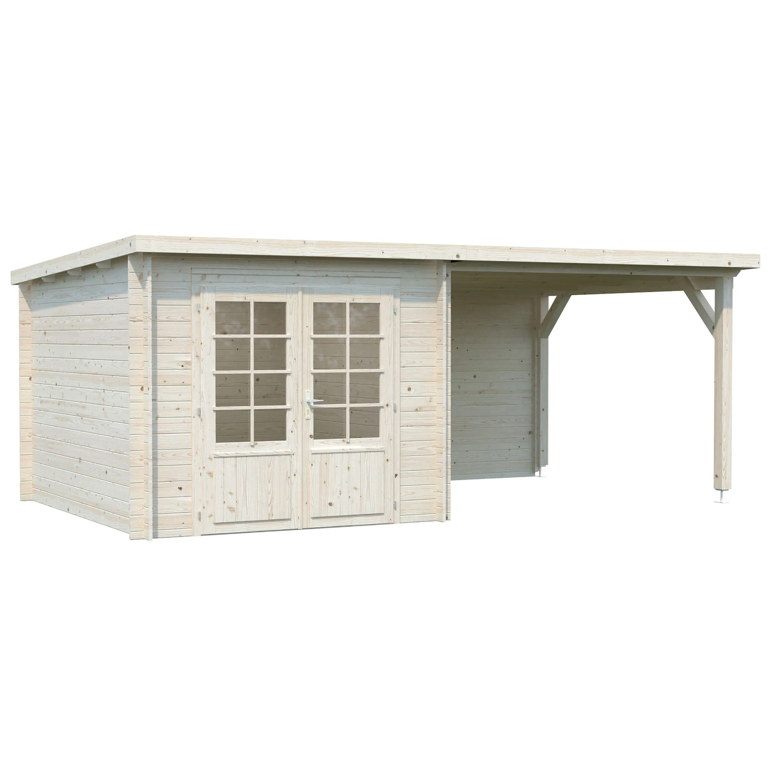Palmako Ella Holz-Gartenhaus, naturbelassen mit Flachdach und Anbau. Unbehandeltes Holz mit Doppeltür.