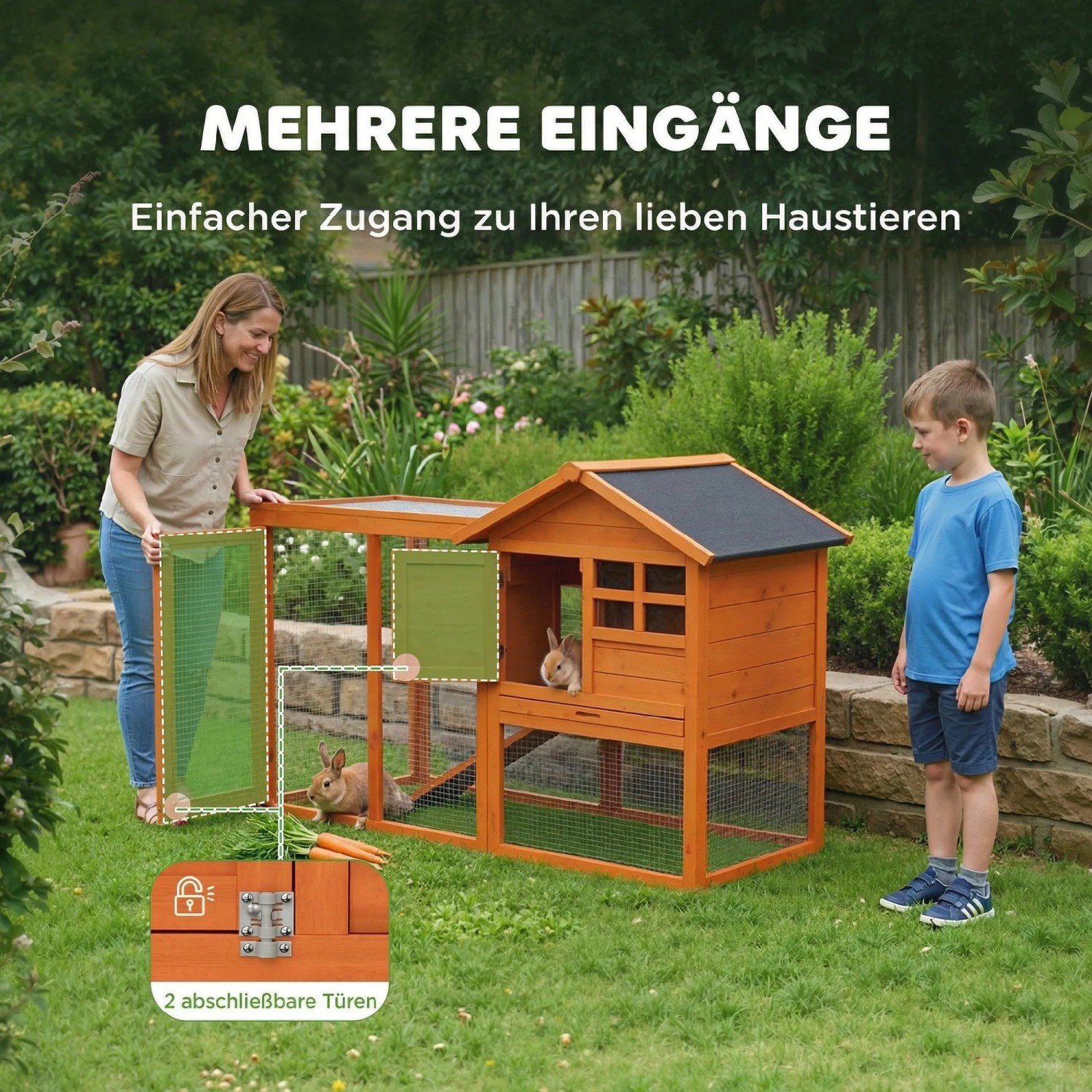 PawHut Kaninchenstall aus orangefarbenem Tannenholz mit schwarzem Dach im Garten. Frau öffnet Tür, Kind und Kaninchen sind zu sehen. Wetterfest, mehrere Eingänge.
