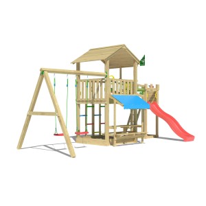 Jungle Gym Spielturm Cascade Holz Picnic m. 2 Schaukeln Brücke Rutsche Rot