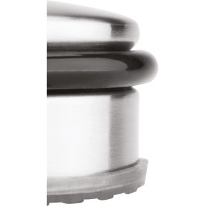 Flacher Türstopper aus Edelstahl, Ø 100 mm, Höhe 45 mm, mit Gummiring und rutschfester Unterlage.