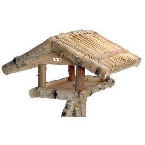 dobar Vogelfutterhaus Birke mit Reetdach und Ständer, naturbelassen.