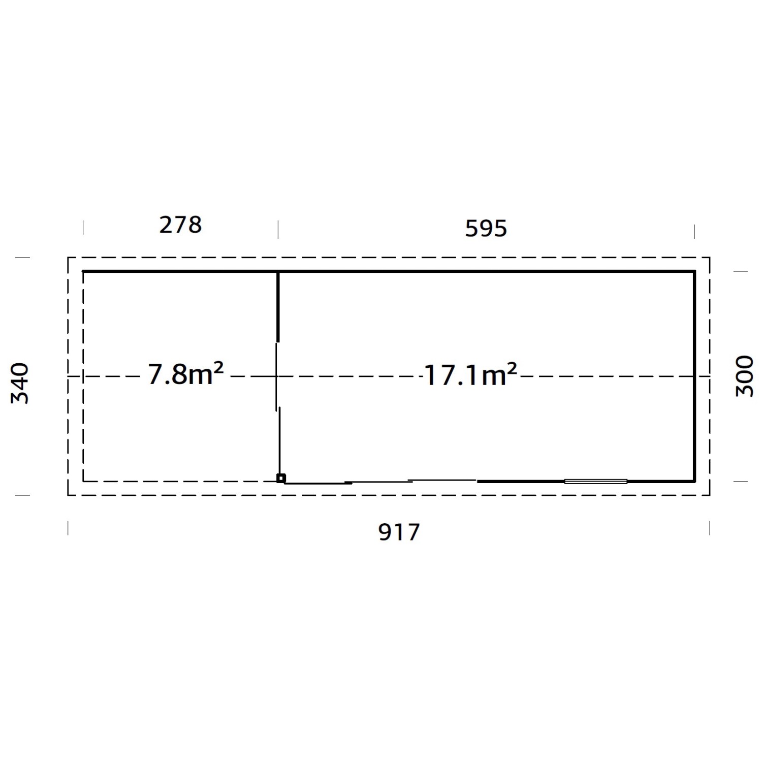 Grundriss Palmako Gartenhaus Amanda Slide: 873x300cm, mit Freisitz (7,8m²) und Haupthaus (17,1m²).