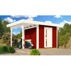 Lackiertes, rotes Weka Holz-Gartenhaus Designhaus 172 mit Flachdach und Anbau, inklusive Roller.