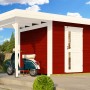 Lackiertes, rotes Weka Holz-Gartenhaus Designhaus 172 mit Flachdach und Anbau, inklusive Roller.