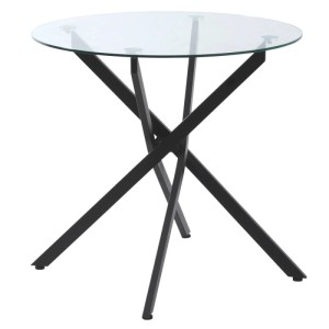 Runder HOMCOM Beistelltisch mit klarer Sicherheitsglasplatte und schwarzem Metallgestell, 80x80x75 cm.