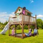 Axi Liam Spielhaus mit Rutsche, Sandkasten und Leiter. Braun-grünes Holzhaus für Kinder zum Spielen im Garten.