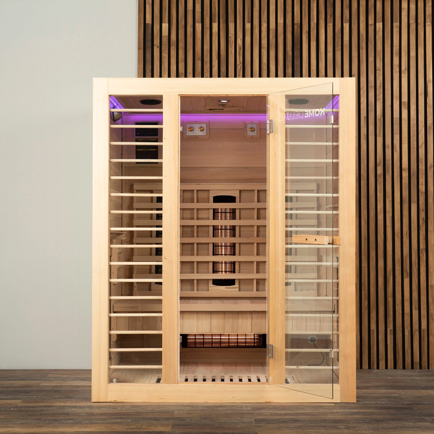 Redsun Deluxe Infrarotkabine aus Tannenholz, naturbelassen, Größe L, mit Glasfront und Innenleben.