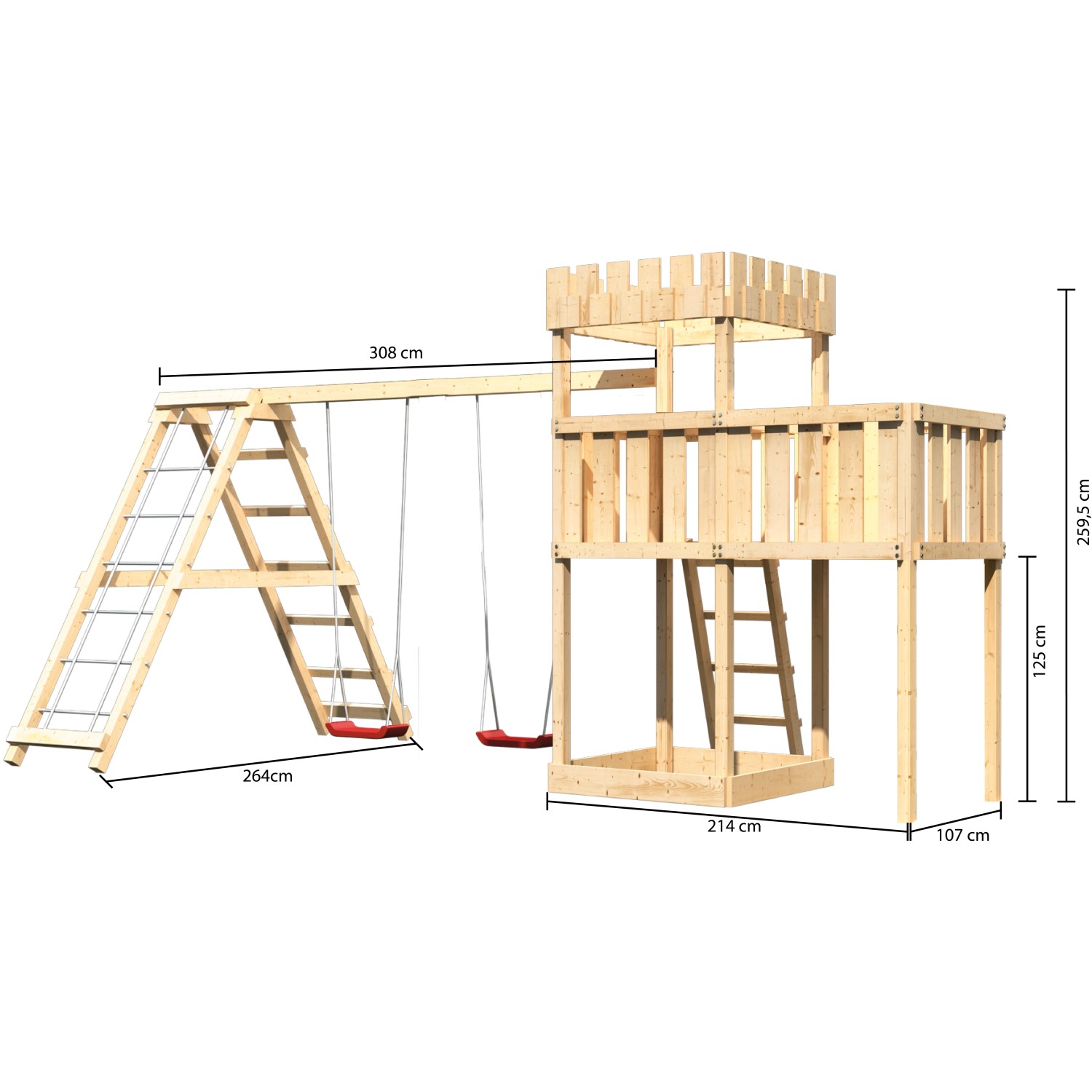Karibu Ritterburg Löwenherz Spielturm mit Doppelschaukel, Klettergerüst und Anbauplattform aus Holz.