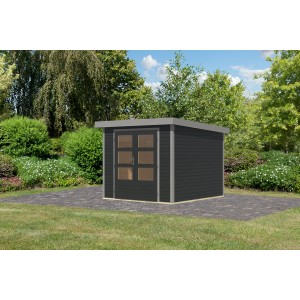 Modernes Karibu Gartenhaus Diego 3,5 C in Anthrazit/Graualuminium mit Doppeltür und Fenster.