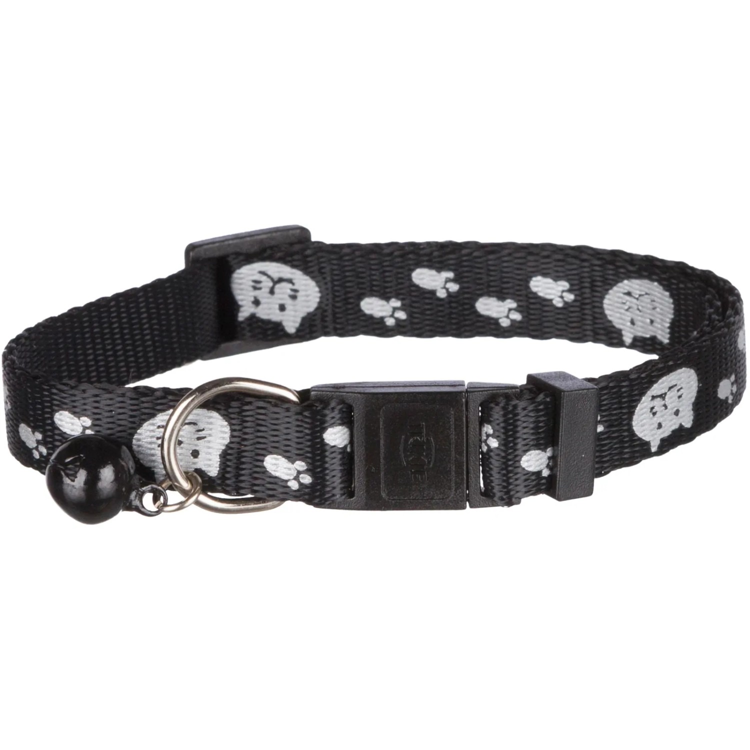 Schwarzes, reflektierendes Trixie Katzenhalsband aus Nylon mit Glöckchen und Katzenmotiven.