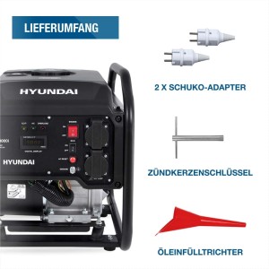 Hyundai Inverter-Generator HY3000i, schwarz, mit 2 Steckdosen-Adaptern, Zündkerzenschlüssel und Öleinfülltrichter.