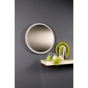 Runde LED-Deckenleuchte Moon, Ø 50cm, Aluminium gebürstet, an grauer Wand.