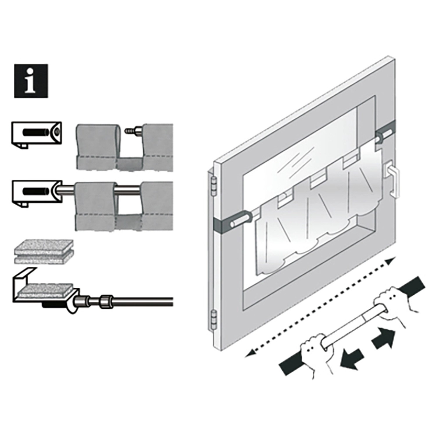 Montage einer schwarzen Gardinia Spannvitrage (90-130cm) am Fensterflügel. Teleskopstange ohne Bohren.