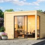 Karibu Gartenhaus Dillen 1 aus naturbelassener Fichte, 9,27 m², mit großen Glasfronten.
