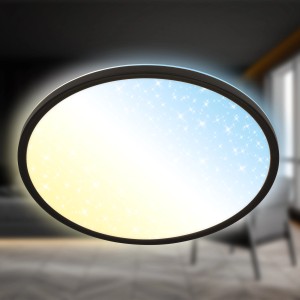 Dimmbares, schwarzes LED-Panel mit Sternenhimmel-Effekt von Brilo, geeignet als Deckenleuchte.