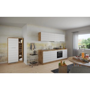 Moderne Küchenzeile in Weiß-Wotaneiche Optik mit E-Geräten. Komplettküche 330 cm breit.