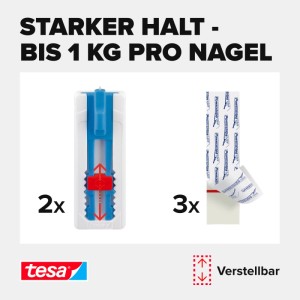 Tesa Klebenagel für Tapeten & Putz, 1 kg Haltekraft, verstellbar, mit 3 Powerstrips. Ideal ohne Bohren.