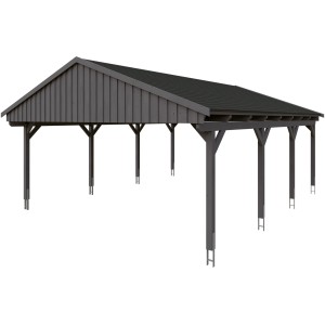 Skan Holz Carport Fichtelberg, Doppelcarport aus Fichte mit schwarzen Schindeln in Schiefergrau.