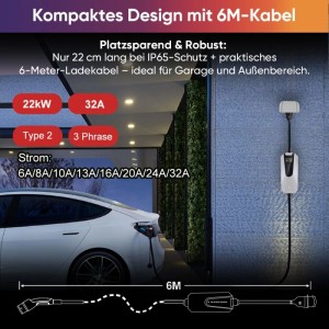 Junsun 22kW EV Ladestation Typ 2 mit 6m Kabel lädt weißes E-Auto in Garage. Kompaktes Design, 32A, 3-phasig.