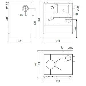 Technische Zeichnung des Westminster Küchenherd K76-70, Maße und Details.