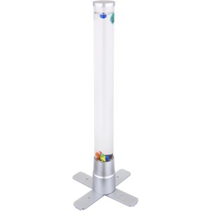 Globo LED-Stehlampe Mendoza, silberfarben, mit Wasser gefüllt, Fische und Kugeln als Deko.
