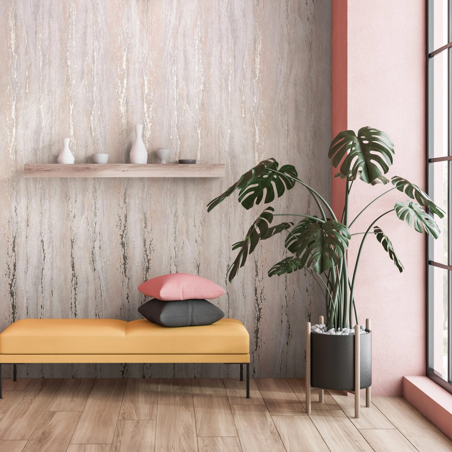 Beige Marburg Vliestapete mit Marmor- und Putzoptik im modernen Wohnraum.